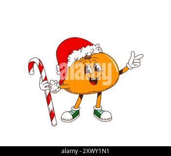 Personnage rétro groovy de mandarine de Noël portant un chapeau de Père Noël et tenant une canne de bonbons. Vecteur de bande dessinée isolé Jolly Xmas mandarin agrumes personnage avec expression heureuse célèbre la saison des fêtes Illustration de Vecteur