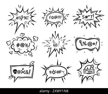 Comique jure des bulles de discours. Détestez les discours en colère, la malédiction expletive agressive. Ensemble vectoriel de nuages avec des symboles typographiques expressifs. Les boîtes de dialogue noires véhiculent des émotions intenses, de l'agressivité et de la profanation Illustration de Vecteur
