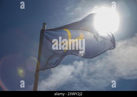 Principauté des Asturies drapeau flottant dans une brise vive contre la lumière Banque D'Images