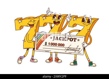 Rétro groovy Golden trois sept signes personnages avec jackpot. Les numéros chanceux en or de vecteur de dessin animé célèbrent les victoires des machines à sous, tenant un chèque de 1 million de dollars, exsudent la joie, l'excitation et le bonheur Illustration de Vecteur