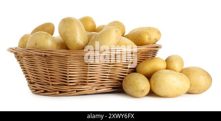 Jeunes pommes de terre dans un panier en osier isolé sur blanc Banque D'Images