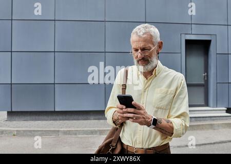 Un homme mûr avec une barbe et des lunettes vérifie son téléphone tout en se tenant devant un bâtiment moderne. Banque D'Images