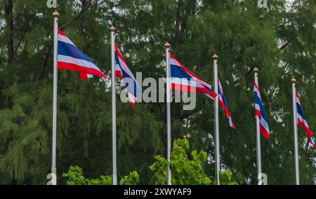 Beaucoup de drapeaux thaïlandais agitant sur le dessus des mâts de drapeau. Drapeau de couleur rouge, bleu et blanc. Drapeau national du Royaume de Thaïlande. Banque D'Images