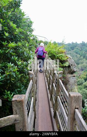 Walker Crossing the Swiss Bridge - Hawkstone Follies Park, Shropshire, Angleterre Banque D'Images