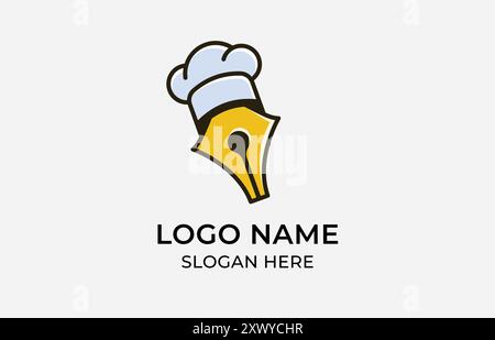 Logo Chef chapeau et plume plume. vlogger, écrivain de nourriture, revue de nourriture, cuisinier de classe, apprenant cuisinier, recette. Fichier modifiable Illustration de Vecteur