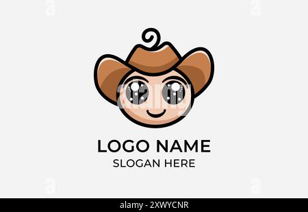 Logo bébé mignon avec chapeau de cow-boy dans le style d'illustration de bande dessinée, bébé mignon et cow-boy mignon. Bébé mode, fête, concept né. Fichier modifiable Illustration de Vecteur