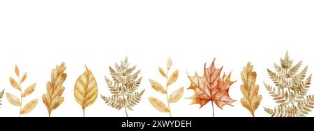 L'automne laisse une bordure sans couture. Illustration aquarelle de plantes orange d'automne pour le cadre. Modèle pour cartes de voeux ou invitations de festival de récolte. Dessin à la feuille d'érable et de chêne. Banque D'Images