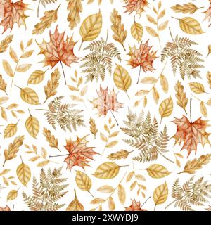 Motif aquarelle Seamless feuilles d'automne. Illustration de l'ornement avec des plantes et des branches sur fond isolé pour le papier d'emballage ou la conception textile. Dessin rustique pour papier peint. Banque D'Images