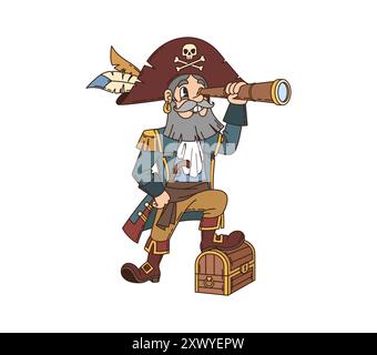 Personnage de pirate groovy de dessin animé et de corsaire. Personnage de capitaine barbu vectoriel isolé se tient en toute confiance avec le pied sur un coffre au trésor regardant à travers Illustration de Vecteur