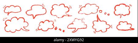 Ensemble de bulles de parole en forme de ciel nuageux. Modèles de bandes dessinées pour les dialogues. Collection de ballons de parole d'enfants écriture manuscrite avec stylo de cire Illustration de Vecteur