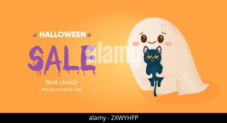 Bannière d'Halloween. Discount, vente avec fantôme mignon. Illustration vectorielle. Illustration de Vecteur