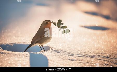 Robin dans la neige tenant la branche d'eucalyptus - scène de la faune hivernale sereine avec une lumière dorée chaude, parfait pour les vacances de Noël festives Banque D'Images