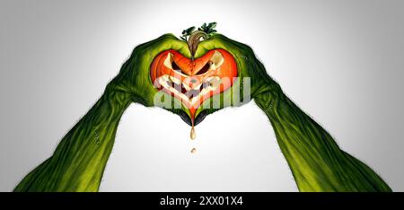Cœur de citrouille monstre écrasé comme les mains de zombie dans une forme de coeur pressant un jack d'Halloween o lanterne comme un charac d'horreur saisonnier effrayant d'automne ou d'octobre Banque D'Images