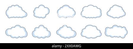 Ensemble de nuages de différentes formes en couleur blanche et des traits noirs sur fond blanc. Ensemble de vecteurs nuages. Illustration vectorielle. Illustration de Vecteur