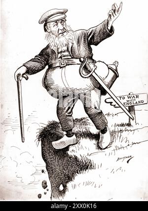 Boer War. Affiche politique britannique anti-Boers : 'Kruger on the Brink', du caricaturiste Clifford Berryman, parue dans le Washington Post le 9 septembre 1899, représente le président de la République sud-africaine, Paul Kruger, incitant les Boers à la guerre avec l'Angleterre, après la découverte d'or dans les territoires occupés des Boers, ce qui a déclenché les intérêts impériaux britanniques et la seconde guerre des Boers. Septembre 1899 depuis la fin de la première guerre des Boers sur les minéraux en Afrique du Sud en 1881, l'Empire britannique et les Boers ont convenu d'une trêve donnant aux colons néerlandophones le pouvoir de s'auto-gouverner whil Banque D'Images