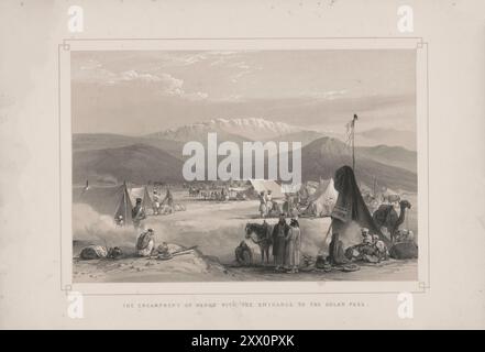 Première guerre anglo-afghane. Le campement à Dadur, avec l'entrée du col de Bolan. 1840-1850. Croquis de Jas. Atkinson, esq. Cette vue représente le campement des troupes à l'entrée du col de Bolan, à environ un mile de la ville de Dadur, où ils ont arrêté, sur ordre de Lord Keane, leur marche de Nowshera, une distance de vingt-six miles, sur une route la plus accidentée et harcelante. Deux cents chameaux sont envoyés de cet endroit par le capitaine Watt, avec mille gallons de rhum à Lord Keane (qui avait maintenant assumé le commandement de l'armée de l'Indus) pour lui permettre d'avancer Banque D'Images