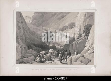 Première guerre anglo-afghane. Les troupes émergent de la partie étroite du défilé dans le col de Khojak. 1840-1850. Croquis de Jas. Atkinson, esq. Ce dessin représente les troupes émergeant de la partie étroite du défilé, et les routes anciennes et nouvellement construites jusqu'à l'ascension. La route jusqu'au défilé avait progressivement augmenté en pente, et diminué en largeur, et l'ascension devint plus difficile. Banque D'Images