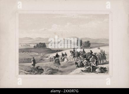 Première guerre anglo-afghane. L'approche de la forteresse de Kwettaih. 1840-1850. Croquis de Jas. Atkinson, esq. Kwettah est dans la province de Shaul, situé sur une large plaine avec des murs intérieurs et extérieurs, et apparaît à distance comme un monticule élevé. Lord Keane et le personnel sont vus occuper le terrain du milieu. Ici, l'état de l'armée, faute d'un approvisionnement suffisant en céréales et ollah est devenu alarmant, et bien qu'à cet endroit des approvisionnements abondants avaient été promis et attendus, il est devenu nécessaire pour l'autorité militaire en chef, Sir Willoughby Cotton, de réduire les rations quotidiennes à la moitié, wh Banque D'Images