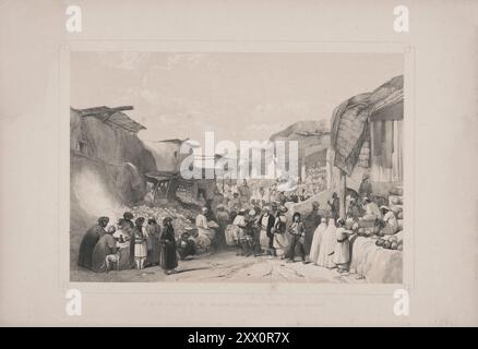 Première guerre anglo-afghane. La rue principale dans le bazar à Kaboul dans la saison des fruits. 1840-1850. Croquis de Jas. Atkinson, esq. L'entrée dans Kaboul était par une rue étroite, présentant à la vue une scène de la description la plus occupée. Les nombreuses boutiques, à peine meilleures que les hangars, exposaient des fruits, non seulement surprenants par sa beauté, mais par son abondance prodigieuse ; melons et raisins en nombre, et cette exposition a continué sur une certaine distance, Kaboul ayant longtemps été célèbre pour ses fruits, plus particulièrement dans les raisins, pépins¬granates, abricots, pêches, poires, pommes, coings, jujujubes, damsons, a Banque D'Images