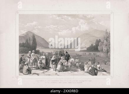 Première guerre anglo-afghane. Reddition de Dost Mahommed Khan à Sir William Hay Macnachten Bart. A l'entrée de Kaboul depuis Killa-Kazee. 1840-1850. Croquis de Jas. Atkinson, esq. Sur la droite de ce dessin, les paysans marchent le maïs, et sur la gauche le vannent. Le petit bâtiment à mi-hauteur de la montagne est appelé le Johan Numat, qui commande une vaste perspective sur la vallée de Killa-Kazee ; un peu en dessous de cet endroit se trouve le site de la tombe de l'empereur Baber. Dans l'interstice étroit, formé par les deux montagnes escarpées, inclinées l'une vers l'autre, et qui est vu au centre Banque D'Images