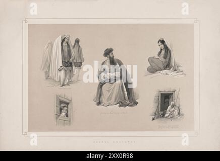 Première guerre anglo-afghane. Portrait de sa Majesté Shujah al-Mulk (Shuja Shah Durrani) et costume de Kaboul. 1840-1850. Croquis de Jas. Atkinson, esq. Shuja Shah Durrani (1785-1842) (également connu sous le nom de Shah Shujah, Shoja Shah, Shujah al-Mulk), a été souverain de l'Empire Durrani de 1803-09 à 1839-42. Dames se préparant à marcher, et une dame assise à la maison. La robe des femmes de Kaboul est simple ; elles portent une veste lâche jaune, bleue ou rouge de mousseline ou de soie, suspendue en dessous de la taille, et un pantalon large ; leurs cheveux sont sous diverses formes, et tressés derrière dans de nombreuses et longues queues, suspendues Banque D'Images
