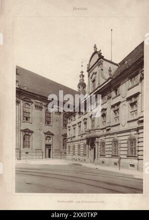 Église St Matthias et congrès universitaire à Wroclaw (Breslau). 1900s photo vintage de Wrocław. (Allemand : Breslau) est une ville du sud-ouest de la Pologne et la plus grande ville de la région historique de Silésie. À diverses époques, elle a fait partie du Royaume de Pologne, du Royaume de Bohême, du Royaume de Hongrie, de la monarchie des Habsbourg d'Autriche, du Royaume de Prusse et de l'Allemagne, jusqu'à ce qu'il soit redevenu une partie de la Pologne en 1945 à la suite des changements territoriaux de la Pologne immédiatement après la guerre mondiale IIe Banque D'Images