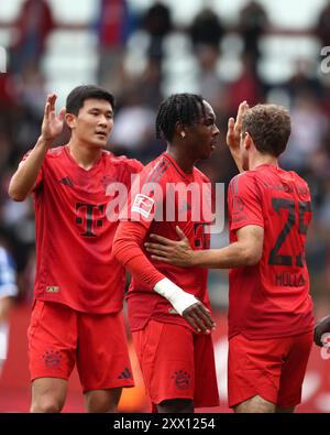 MUNICH, ALLEMAGNE - 20 AOÛT : Thomas Mueller du Bayern Muenchen célèbre avec min Jae Kim du FC Bayern Muenchen et Mathys tel du FC Bayern Muenchen alors qu'il marque le but lors du FC Bayern Munich v Grashoppers Zurich - amical de pré-saison au FC Bayern Campus le 20 août 2024 à Munich, Allemagne. © diebilderwelt / Alamy Stock Banque D'Images