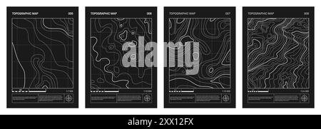 Carte topographique rétro futuriste, ensemble d'affiches de contour en relief. La ligne abstraite représente l'élévation du terrain avec un design minimaliste de style artistique Illustration de Vecteur