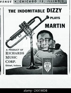 Une publicité pour Martin Trumpets mettant en vedette la superstar du jazz Dizzy Gillespie. D'un magazine de musique du début des années 1960. Banque D'Images