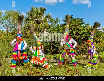 Danseurs de Gombey, artistes traditionnels, en troupes de 10 à 20, d'un mélange de culture amérindienne, caribéenne et britannique, Bermudes Banque D'Images