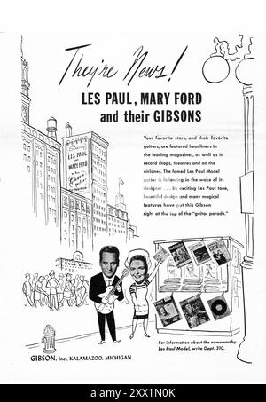 Une publicité d'un magazine de 1954 pour Gibson Guitars mettant en vedette le grand les Paul et sa femme, Mary ford. Banque D'Images