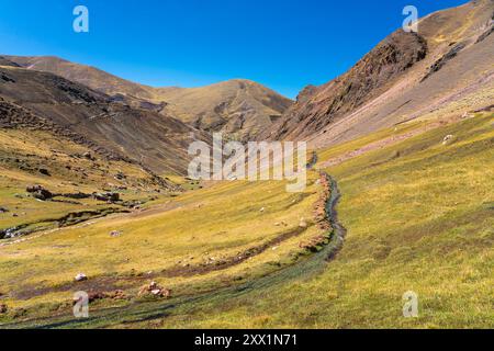 Vallée des Andes, près de la montagne arc-en-ciel, district de Pitumarca, région de Cusco (Cuzco), Pérou, Amérique du Sud Banque D'Images