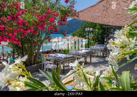 Vue du restaurant côté plage à Golden Beach à Chrysi Ammoudia, Thassos, mer Égée, Îles grecques, Grèce, Europe Banque D'Images