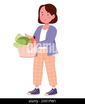 Une fille avec un panier de légumes,nourriture végétarienne saine. Fille moderne achetant des légumes naturels biologiques, des fruits. Illustration de Vecteur