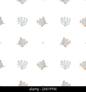 Motif sans couture de mer. Poissons, étoiles et coraux sur fond blanc. Atmosphère magique. Illustration de Vecteur