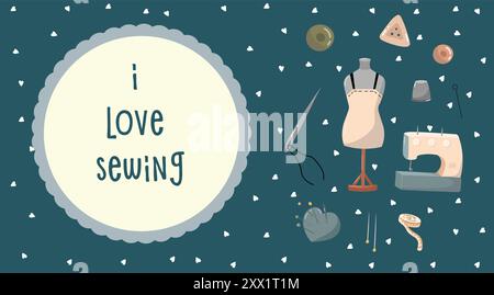 Illustration vectorielle pour ateliers de couture, bannières d'usines de tissage, tailleurs. Illustrations avec fil, aiguilles, dé à coudre, machine à coudre et Illustration de Vecteur