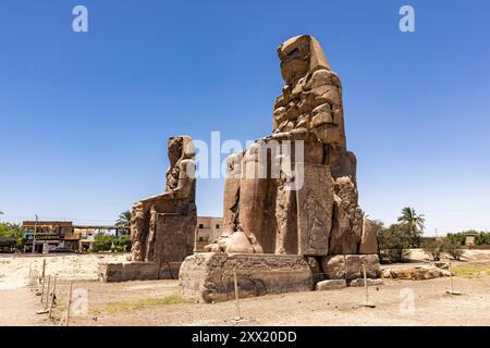 Colosses de Memnon, statues massives en pierre d'Amenhotep III, Louxor, Egypte, Afrique du Nord, Afrique Banque D'Images