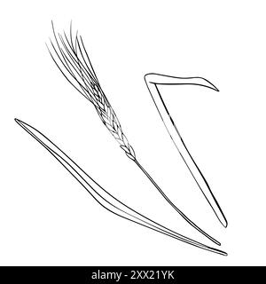 Esquisse d'oreilles de blé de vecteur sur fond isolé. Illustration dessinée à la main seigle d'oreille dans le style art au trait peint par des encres noires. Esquisse de contour simple pour Illustration de Vecteur