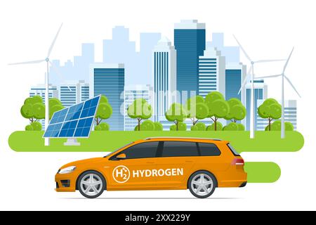 Voiture isométrique à énergie hydrogène. Ville intelligente avec éoliennes, panneaux solaires énergie alternative et zéro émission. Transport alimenté par hydrogène Illustration de Vecteur