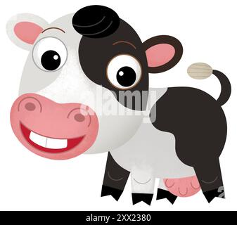 Scène heureuse de dessin animé avec vache ou bovins de ranch de ferme de taureau est à la recherche et l'illustration souriante pour les enfants Banque D'Images