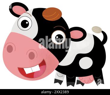 Scène heureuse de dessin animé avec vache ou bovins de ranch de ferme de taureau est à la recherche et l'illustration souriante pour les enfants Banque D'Images