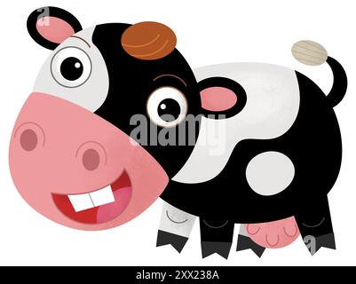 Scène heureuse de dessin animé avec vache ou bovins de ranch de ferme de taureau est à la recherche et l'illustration souriante pour les enfants Banque D'Images