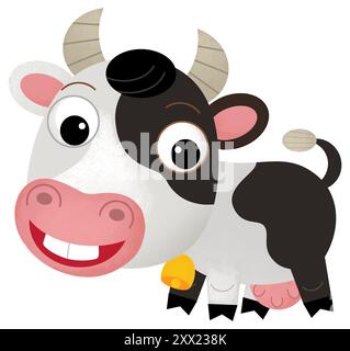 Scène heureuse de dessin animé avec vache ou bovins de ranch de ferme de taureau est à la recherche et l'illustration souriante pour les enfants Banque D'Images