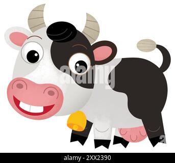 Scène heureuse de dessin animé avec vache ou bovins de ranch de ferme de taureau est à la recherche et l'illustration souriante pour les enfants Banque D'Images