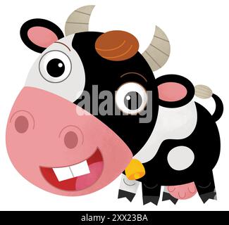 Scène heureuse de dessin animé avec vache ou bovins de ranch de ferme de taureau est à la recherche et l'illustration souriante pour les enfants Banque D'Images