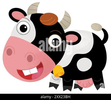 Scène heureuse de dessin animé avec vache ou bovins de ranch de ferme de taureau est à la recherche et l'illustration souriante pour les enfants Banque D'Images