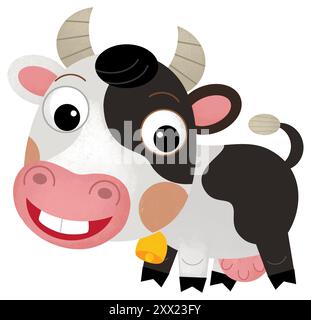 Scène heureuse de dessin animé avec vache ou bovins de ranch de ferme de taureau est à la recherche et l'illustration souriante pour les enfants Banque D'Images