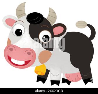 Scène heureuse de dessin animé avec vache ou bovins de ranch de ferme de taureau est à la recherche et l'illustration souriante pour les enfants Banque D'Images