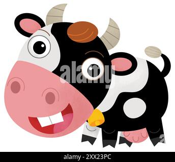 Scène heureuse de dessin animé avec vache ou bovins de ranch de ferme de taureau est à la recherche et l'illustration souriante pour les enfants Banque D'Images