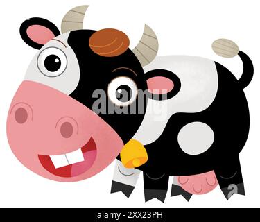 Scène heureuse de dessin animé avec vache ou bovins de ranch de ferme de taureau est à la recherche et l'illustration souriante pour les enfants Banque D'Images